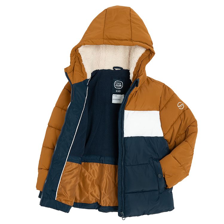 Blue, white,brown hooded winter jacket