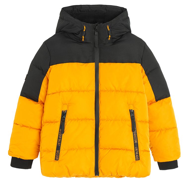 Yellow and black hooded winter jacket