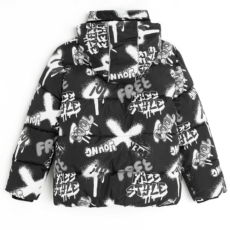 Black with white graffitti hooded winter jacket