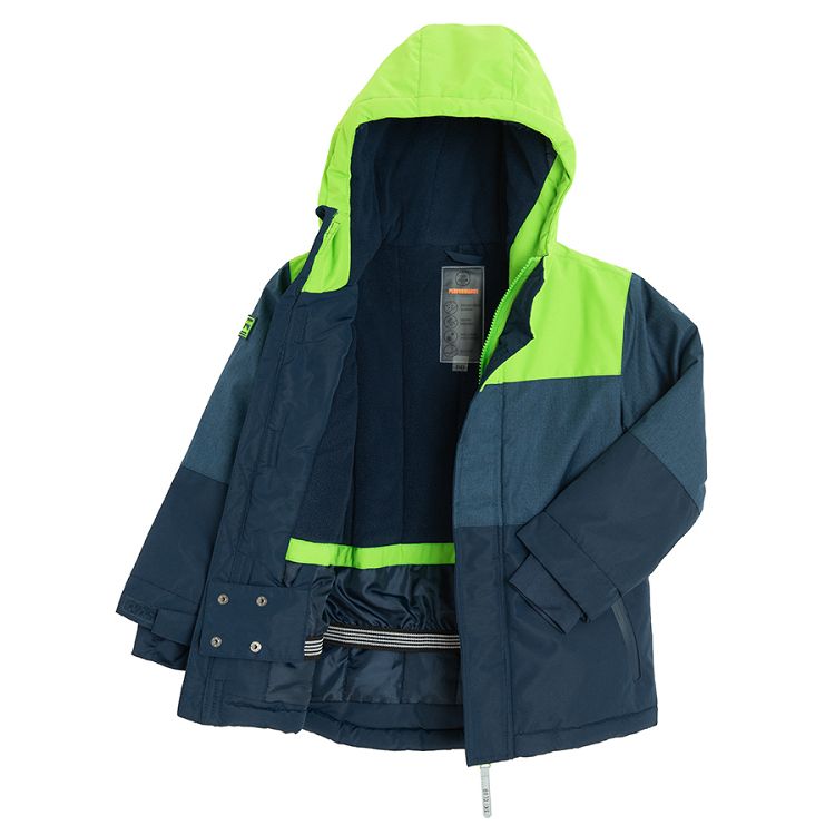 Black, grey, fluo green hooded winter jacket