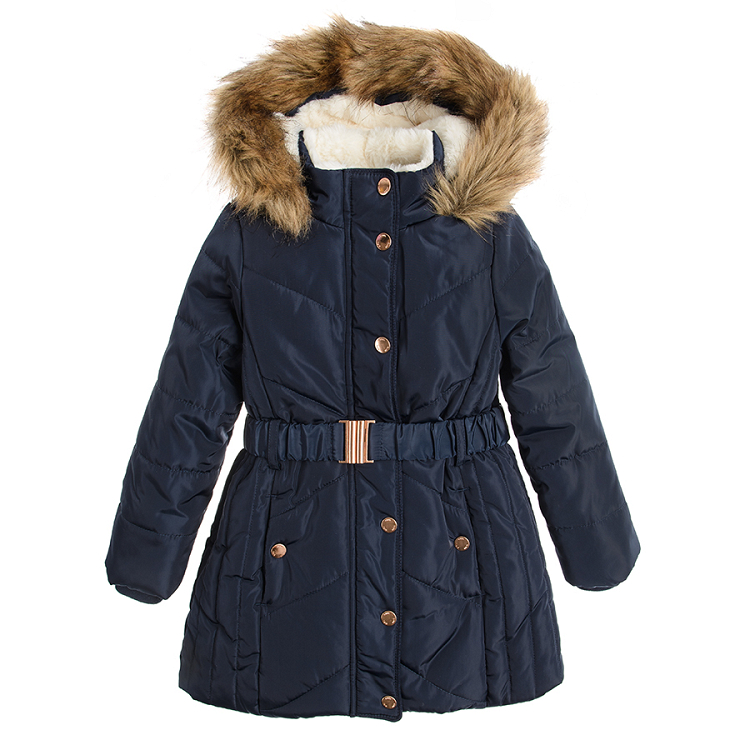 Long navy blue hooded jacket