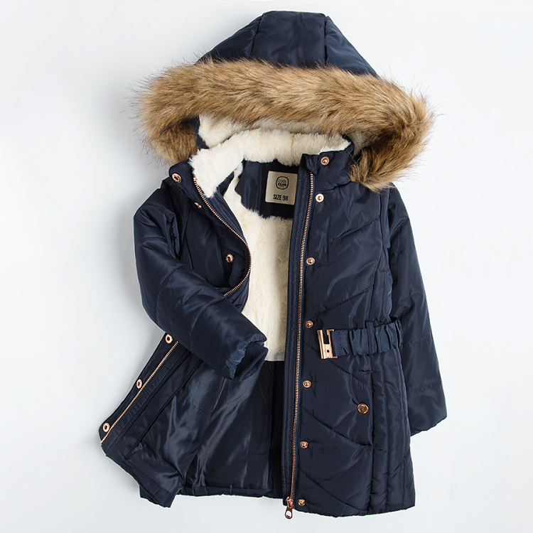 Long navy blue hooded jacket