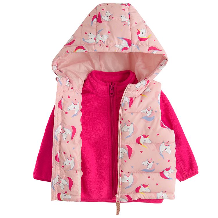 Pink hooded with unicorn print vest and pink zip through seatshirt