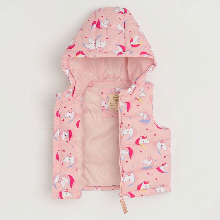 Pink hooded with unicorn print vest and pink zip through seatshirt