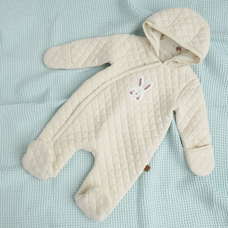 Beige hooded pramsuit with side zipper and bunny print