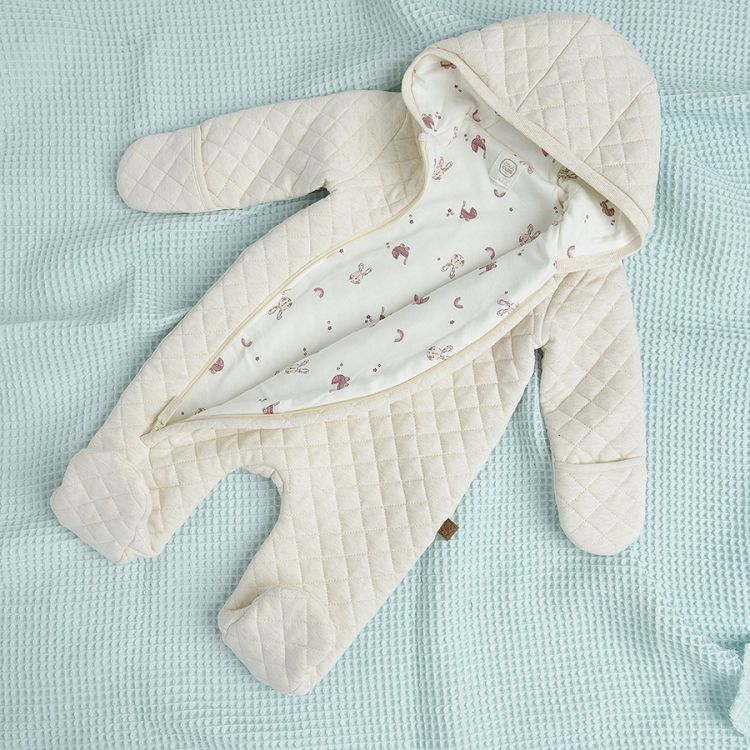 Beige hooded pramsuit with side zipper and bunny print