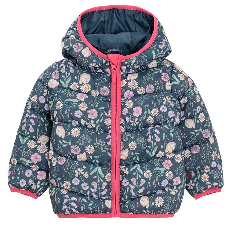 Blue floral hooded zip through jacket