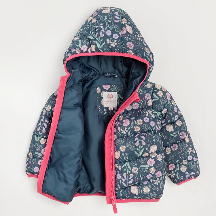 Blue floral hooded zip through jacket