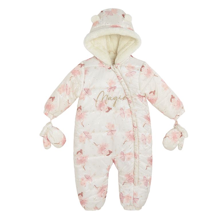 Pink snowsuit with ballerinas print and side zipper and mittens