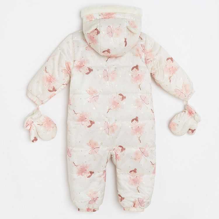 Pink snowsuit with ballerinas print and side zipper and mittens