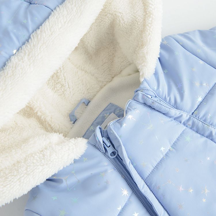 Light blue hooded snowsuit with stars print and mittens