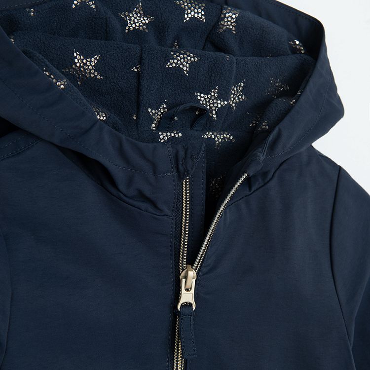 Dark blue hooded zip through jacket with side pockets