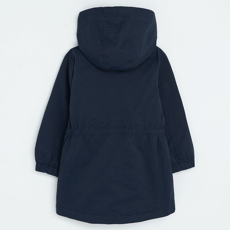 Dark blue hooded zip through jacket with side pockets