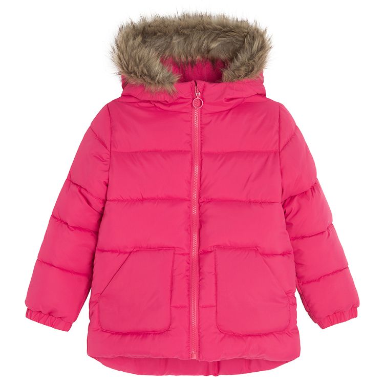 Pink zip through jacket with furlike on the hood