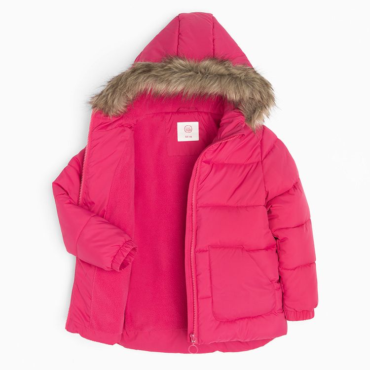 Pink zip through jacket with furlike on the hood