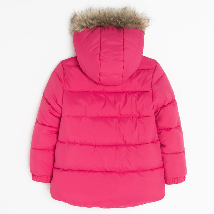 Pink zip through jacket with furlike on the hood