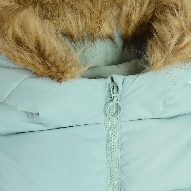 Green zip through jacket with furlike on the hood