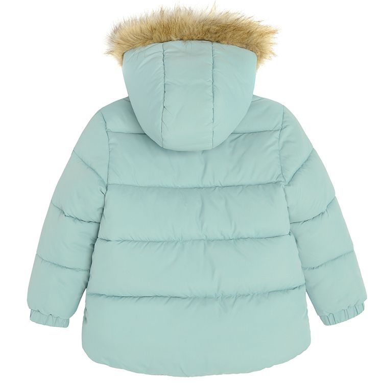 Green zip through jacket with furlike on the hood