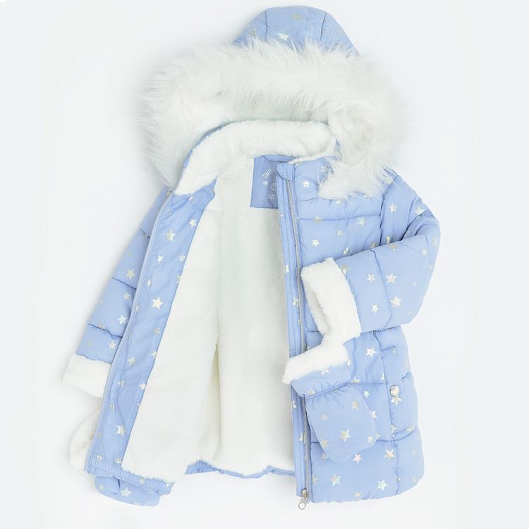 Blue zip through jacket with furlike on the hood and mittens