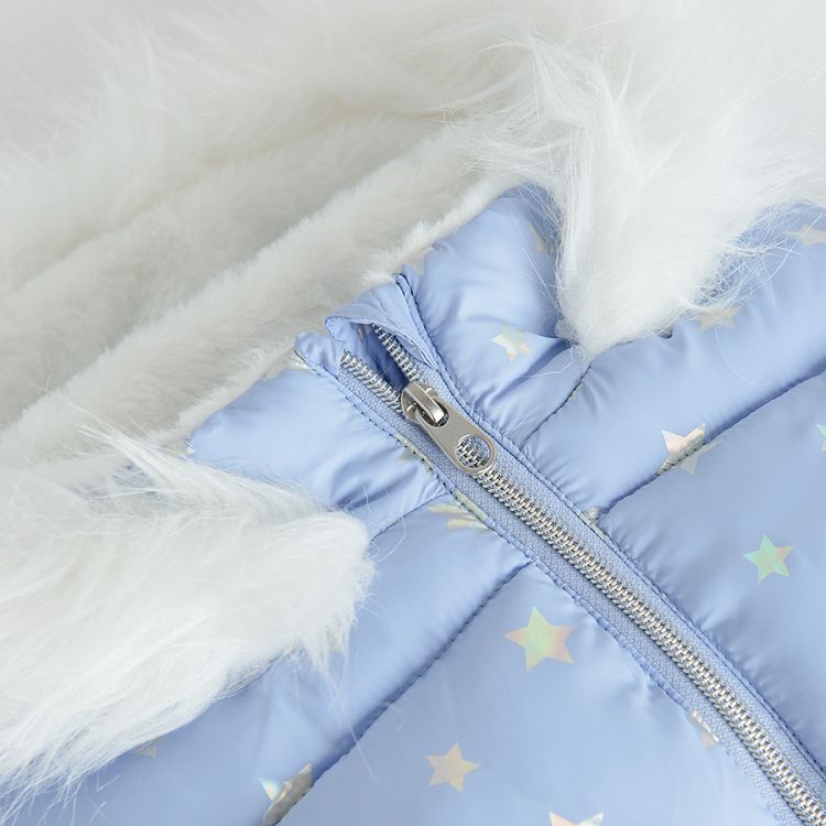 Blue zip through jacket with furlike on the hood and mittens