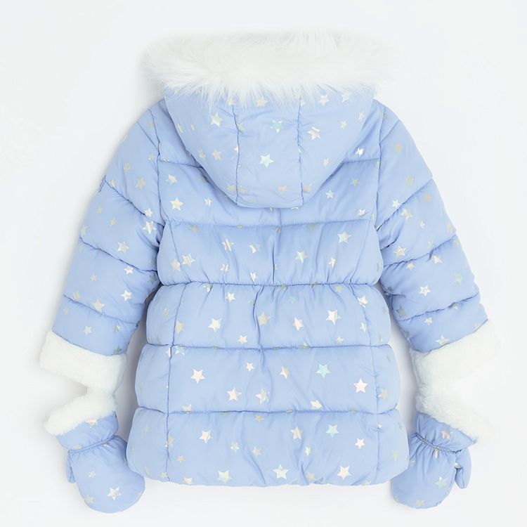 Blue zip through jacket with furlike on the hood and mittens