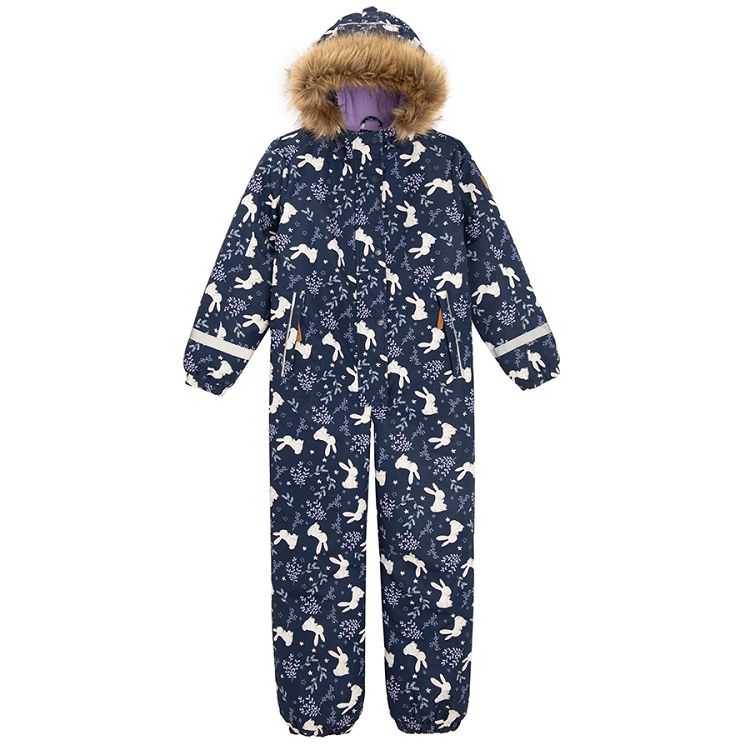 Black hooded snowsuit with bunnies print