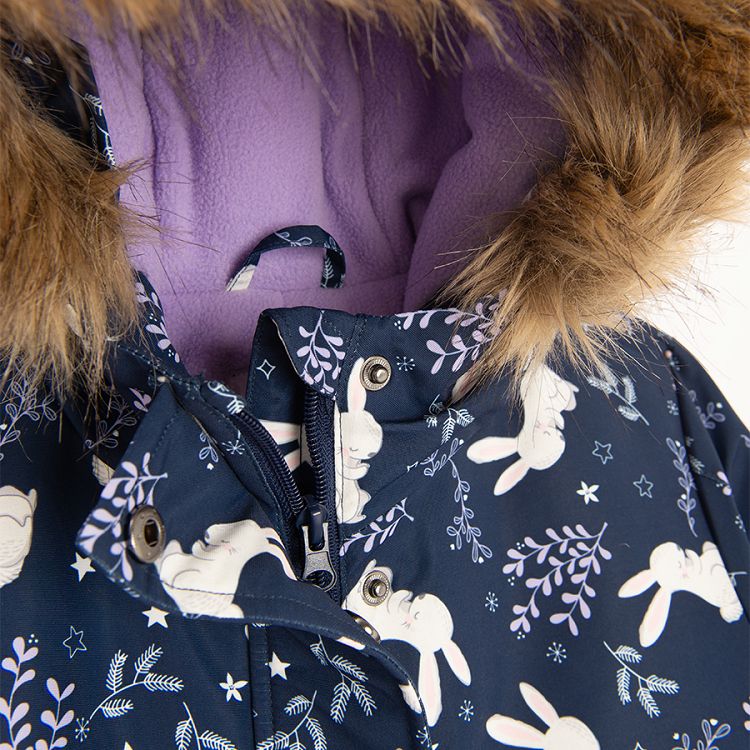 Black hooded snowsuit with bunnies print