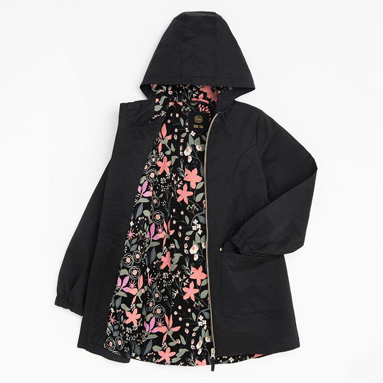 Black zip through hooded jacket and floral lining