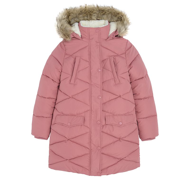 Pink zip through jacket with furlike on the hood