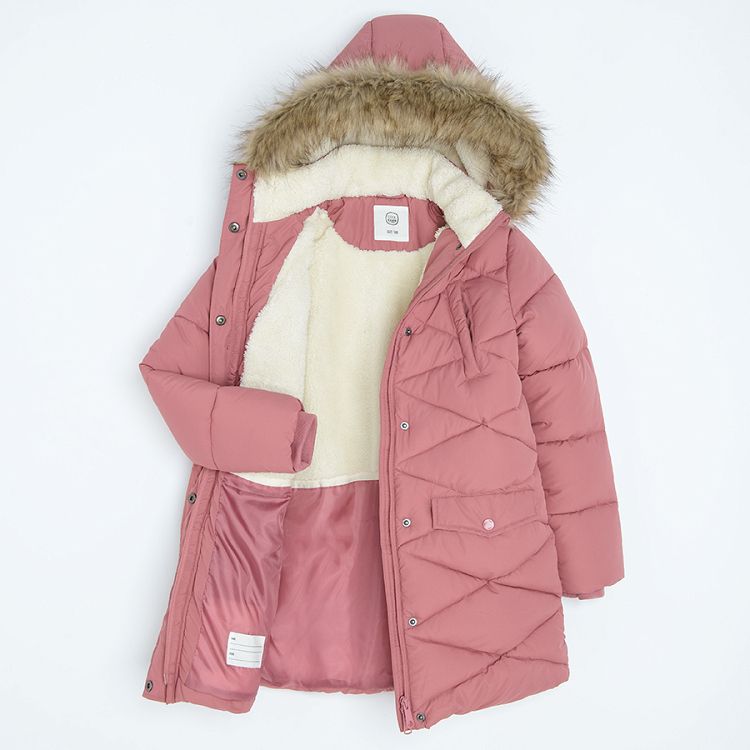 Pink zip through jacket with furlike on the hood