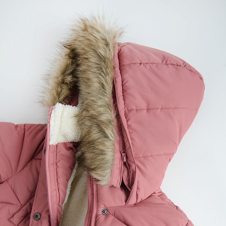 Pink zip through jacket with furlike on the hood