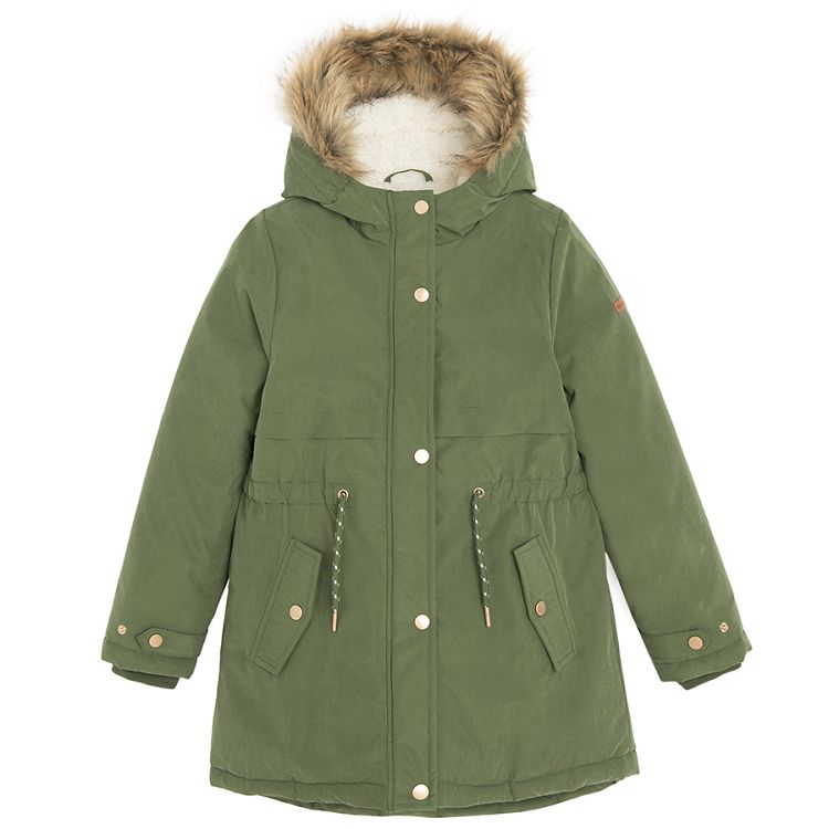 Green zip through jacket with furlike on the hood