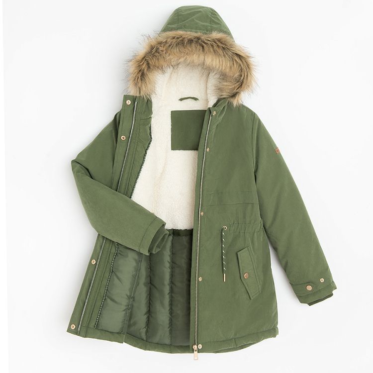 Green zip through jacket with furlike on the hood