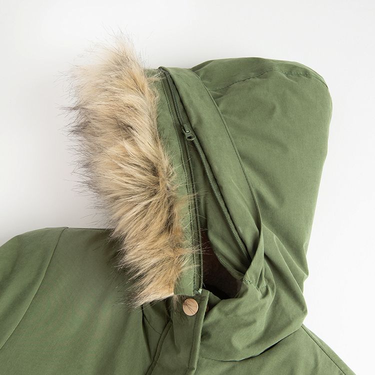 Green zip through jacket with furlike on the hood