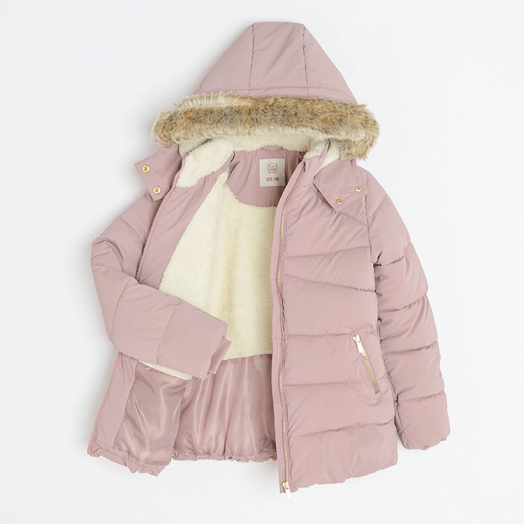 Dusty pink zip through jacket with furlike on the hood