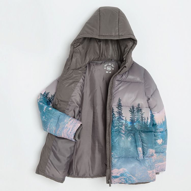 Zip through hooded jacket with forest print