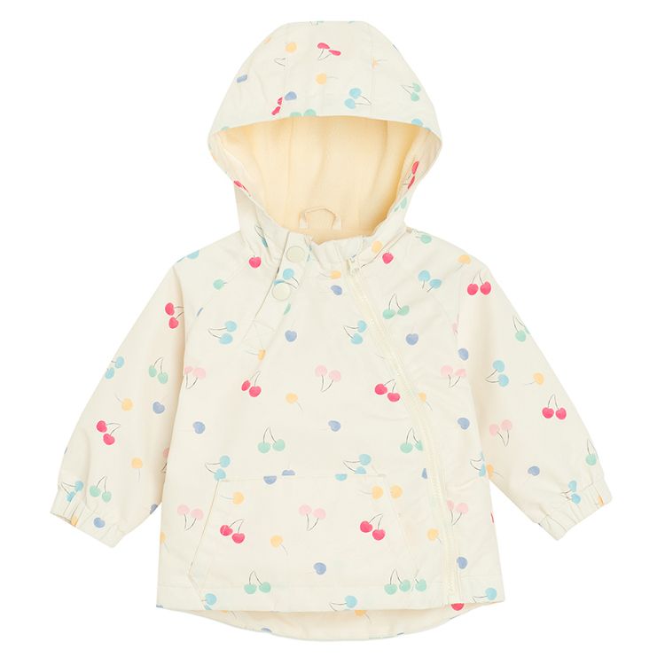 Ecru zip through hooded jacket with cherries print