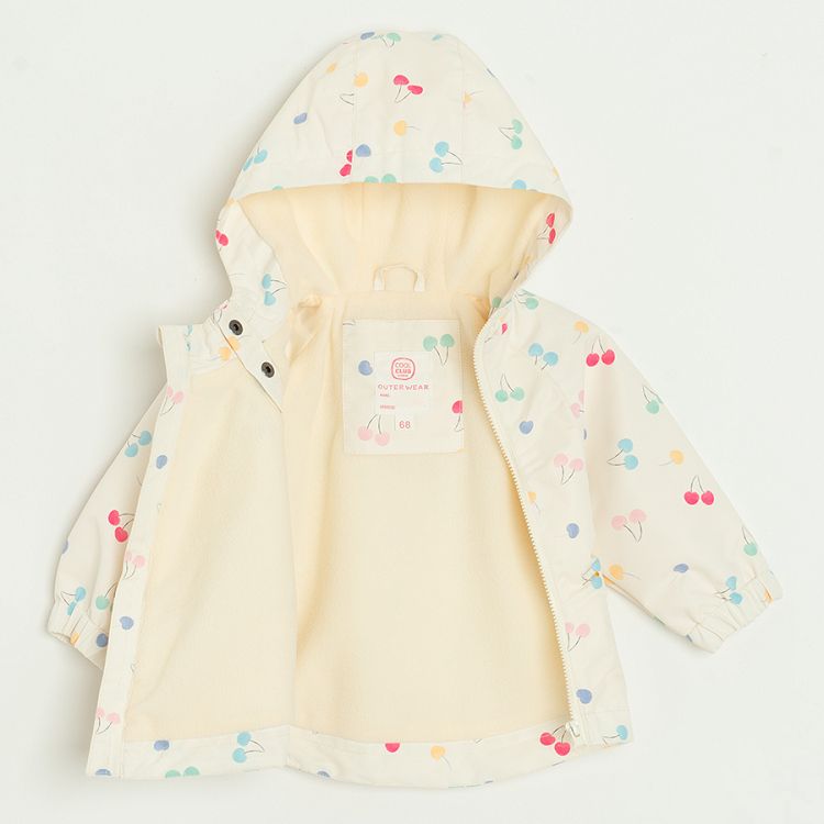 Ecru zip through hooded jacket with cherries print