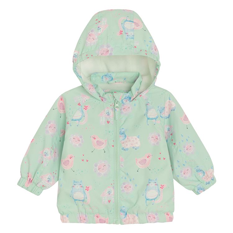 Mint hooded zip through jacket with fleece lining and cheeks print