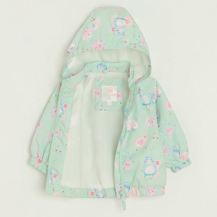 Mint hooded zip through jacket with fleece lining and cheeks print