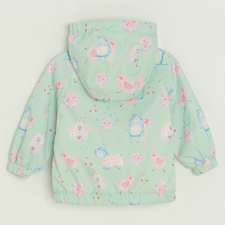 Mint hooded zip through jacket with fleece lining and cheeks print