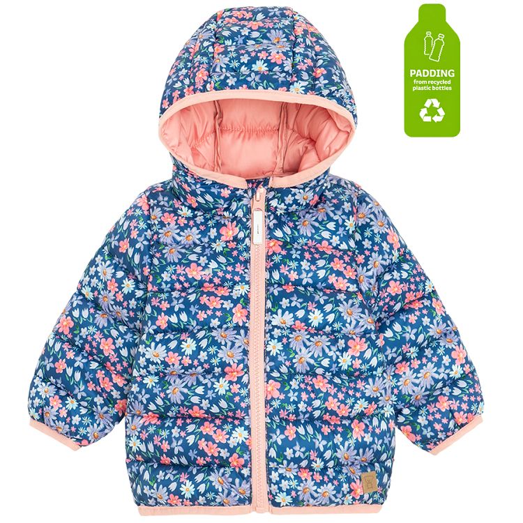 Blue floral zip through hooded jacket