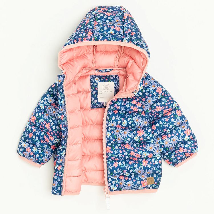 Blue floral zip through hooded jacket