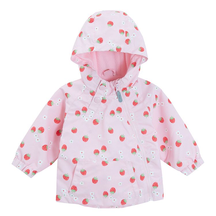 Pink side zipper hooded jacket with strawberries print