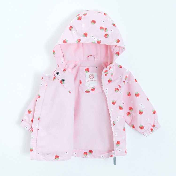 Pink side zipper hooded jacket with strawberries print