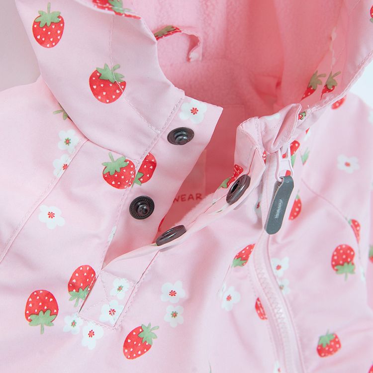 Pink side zipper hooded jacket with strawberries print