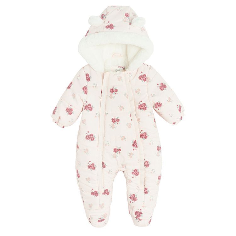 Pink floral hooded snowsuit with 2 side zippers