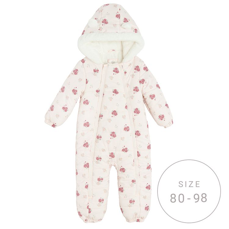 Pink floral hooded snowsuit with 2 side zippers