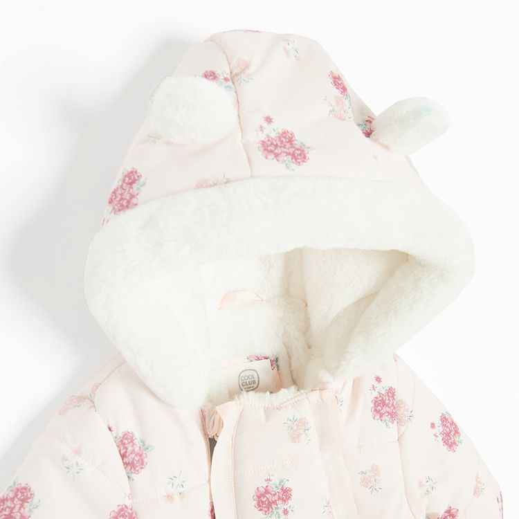 Pink floral hooded snowsuit with 2 side zippers