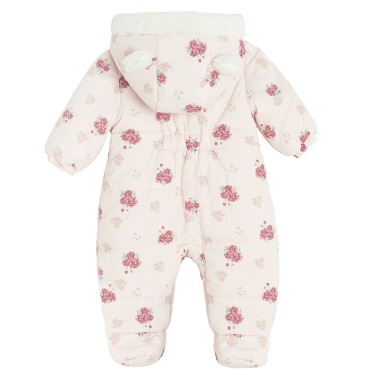 Pink floral hooded snowsuit with 2 side zippers